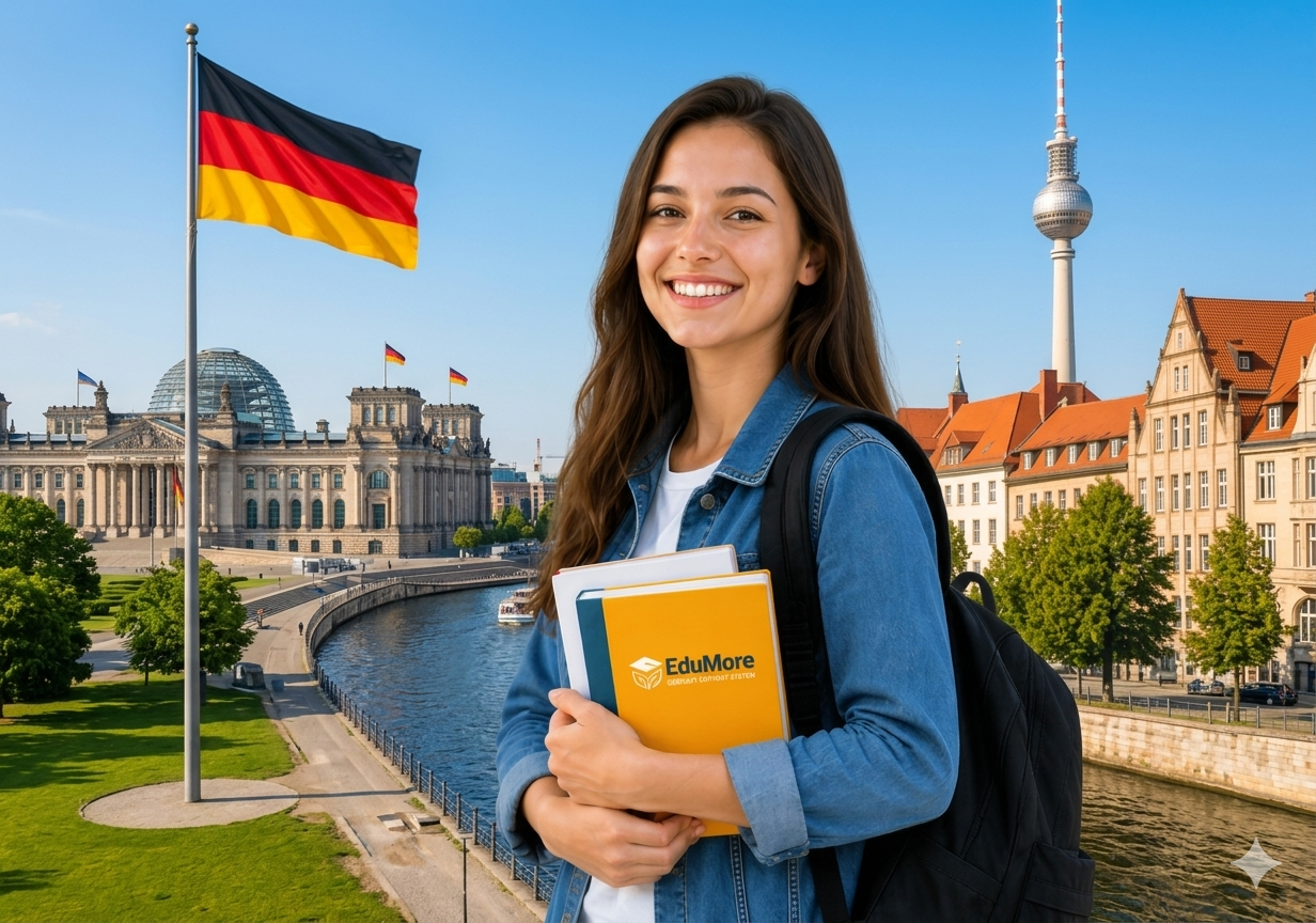 Your Germany pathway — student with Berlin landmarks and German flag